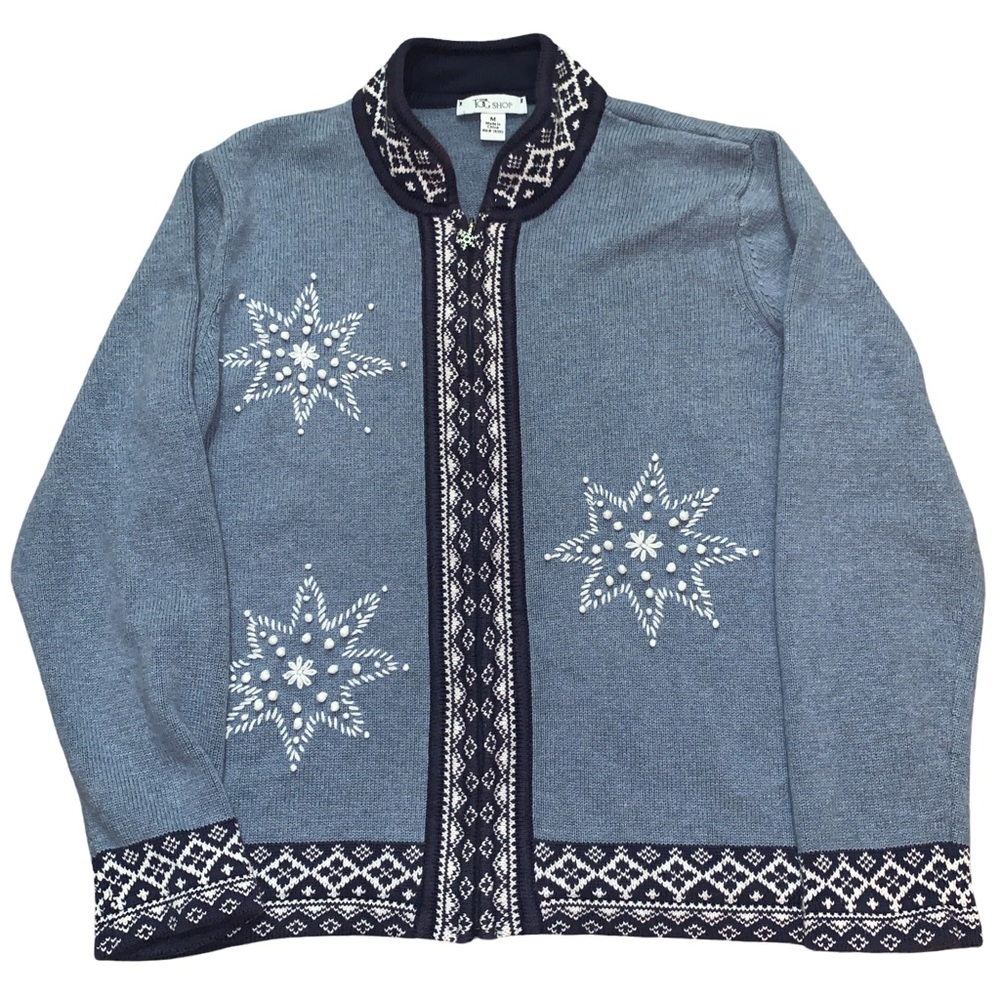 Vintage THE TOG SHOP Womens Sz M Button Up Snowflake Sweater Blue Embroidered